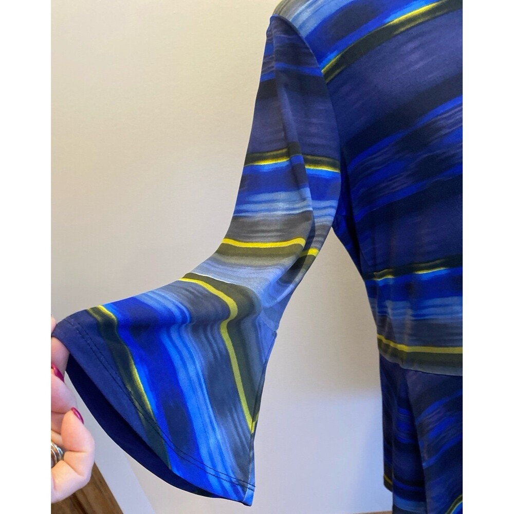 Ellen Tracy Blouse Sz Large Top Blue Green Bell Sleeves Flare Bottom + Stretch - Picture 3 of 10
